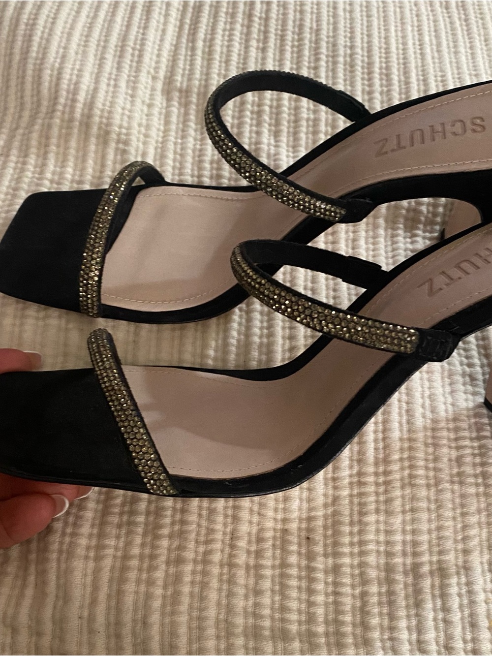 SCHUTZ Black Crystal-Trim Double Strap Heeled Sandals - Picture 2 of 4